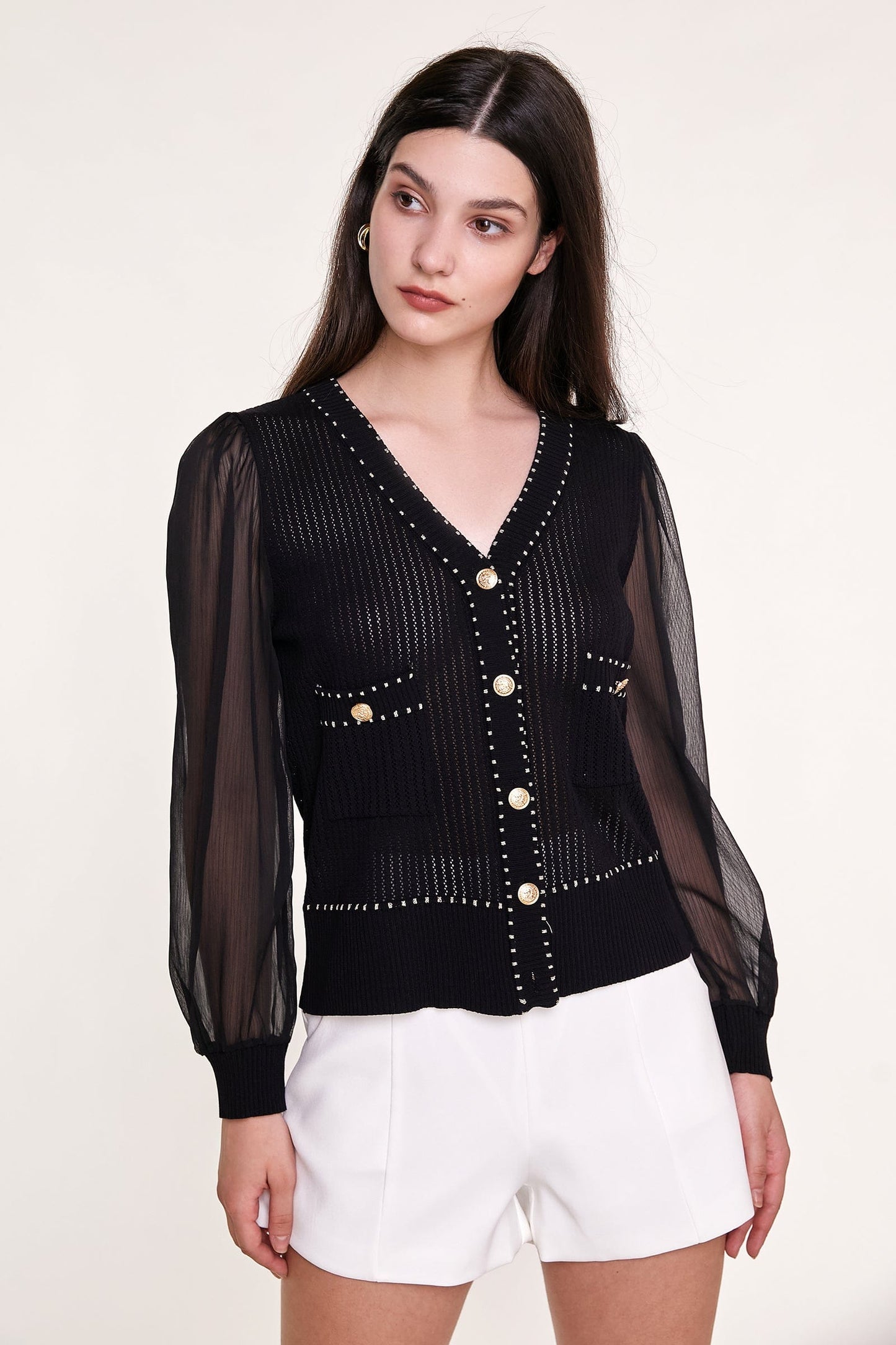 Black Sheer Long Sleeve Pointelle-Knit Cardigan With Gold Buttons