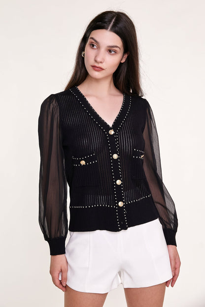 Black Sheer Long Sleeve Pointelle-Knit Cardigan With Gold Buttons