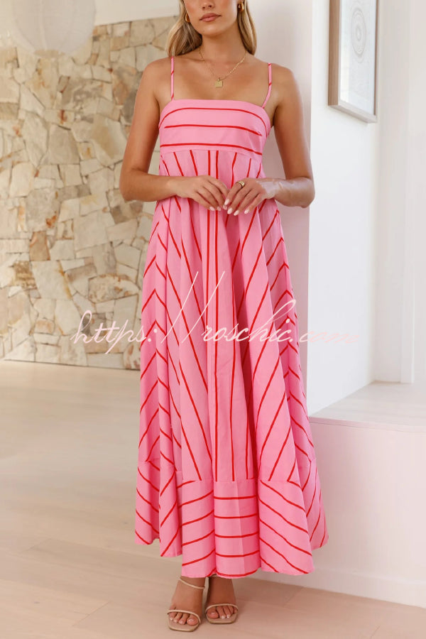 Striped Printed Spaghetti Strap Sleeveless Back Pleated Casual Maxi Dress