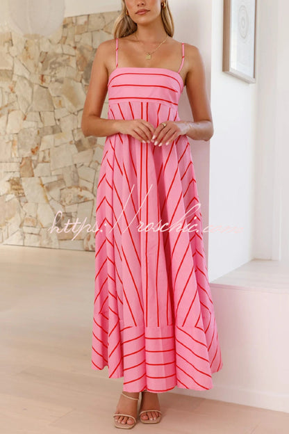 Striped Printed Spaghetti Strap Sleeveless Back Pleated Casual Maxi Dress