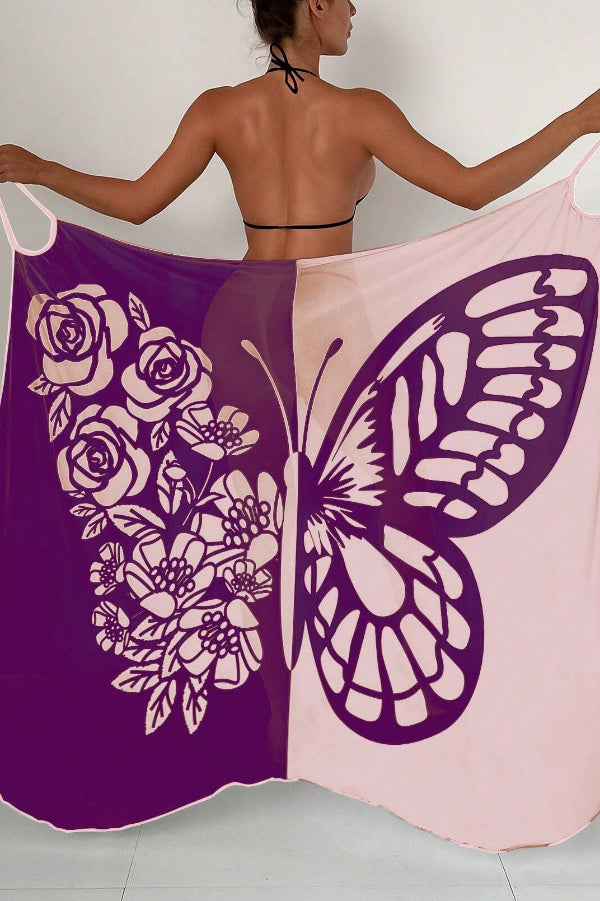 Fashionable Color-blocked Butterfly Print Resort Cover-up Midi Dress