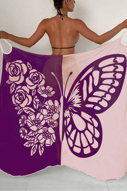 Fashionable Color-blocked Butterfly Print Resort Cover-up Midi Dress