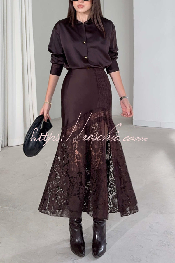 Solid Color Silk Satin and Lace Spliced elegant Maxi Skirt