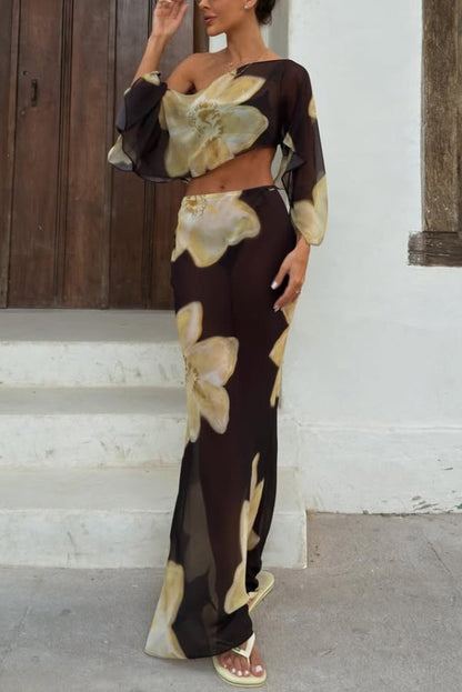 Floral Print Off-shoulder Long-sleeved Loose Top and Elegant Drawstring Maxi Skirt Set
