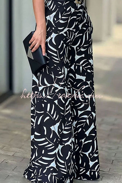 Printed Hollow Halter Sleeveless Waisted Wide Leg Jumpsuit