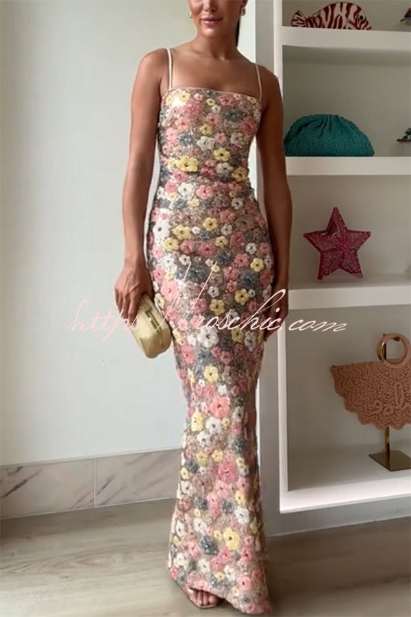 80's Inspired Floral Print Sequin Square Neck Slip Stretch Maxi Dress