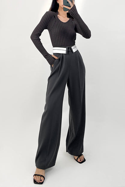 Dim Grey Strap Detail Cut Out Ribbed Knit Sweater