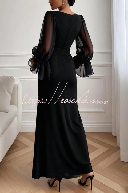 Solid Color V-neck Flared Long Sleeve Elegant High Slit Maxi Dress