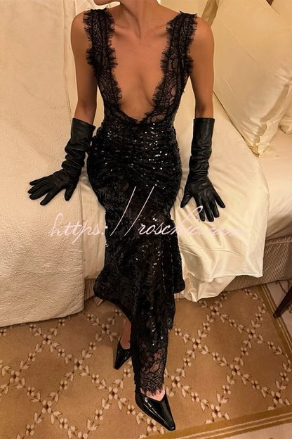Lace-trimmed Deep V-neck Sequined Dress