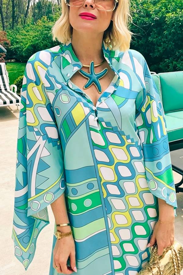 Pandora Satin Unique Art Print Button Up Bell Sleeve Shirt Midi Dress