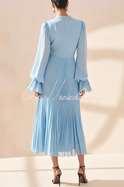 Solid Color Round Neck Long Sleeve Fitted Waist Pleated Ruffle Midi Dress