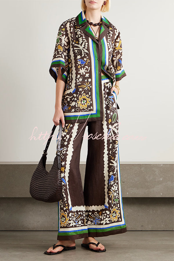 Antibes Satin Court Unique Printed Long Sleeve Loose Shirt and Elastic Waist Pants Set