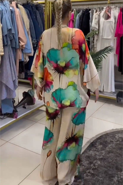 Ink Wash Floral Print Batwing Sleeve Wide Leg Pants Set