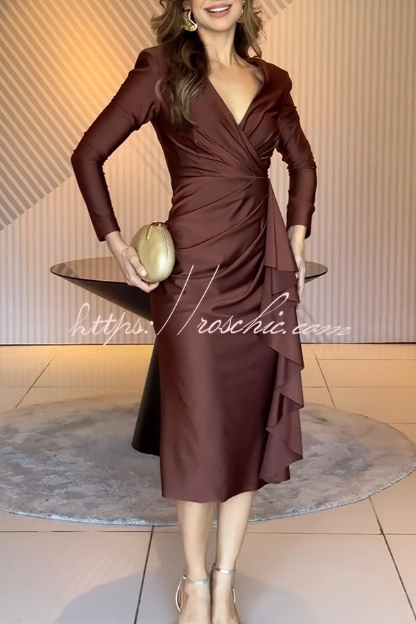 Ninah Satin Padded Shoulder Long Sleeve Ruffled Hem Slit Midi Dress