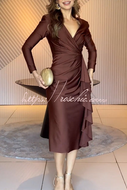Ninah Satin Padded Shoulder Long Sleeve Ruffled Hem Slit Midi Dress