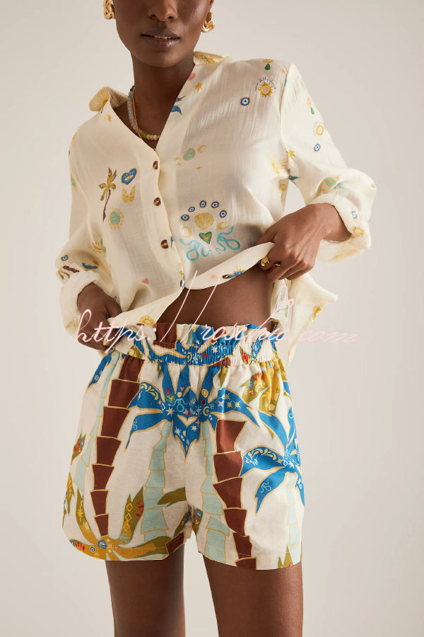 Linen Blend Summer Printed Collared Long-sleeved Shirt and Elastic Waist Pocket Casual Shorts Set