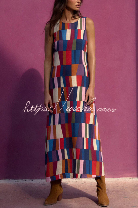 Retro Chic Linen Blend Colorful Color Block High Round Neck Sleeveless Maxi Dress