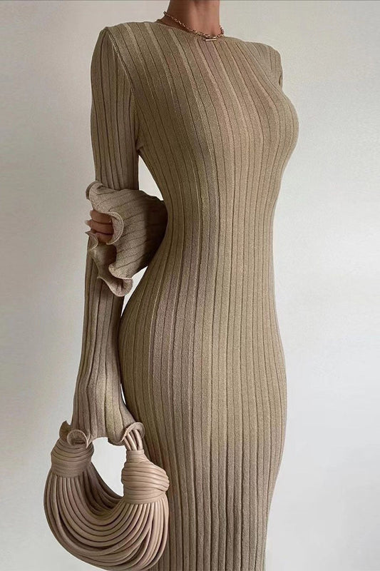 Bodycon Ruffled Long Sleeve Knit Maxi Sweater Dress