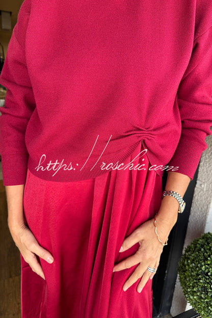Practical Fashion Knit Ruched Sweater and Satin Stretch Tank Midi Dress Two-piece Set