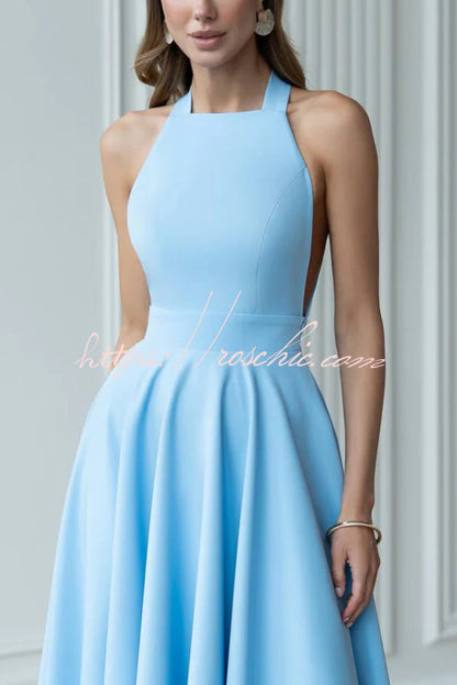 Solid Color Halter Neck Bow Tie Elegant Waist-cinching Midi Dress