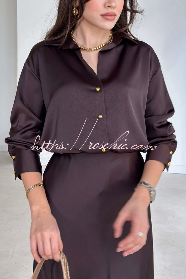 Solid Color Silk Satin Texture Single-breasted Long-sleeved Loose Shirt