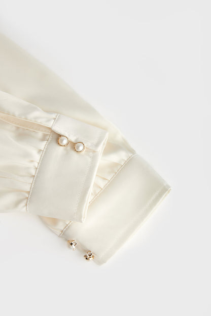Ivory Satin Tie-Neck Long Sleeve Shirt
