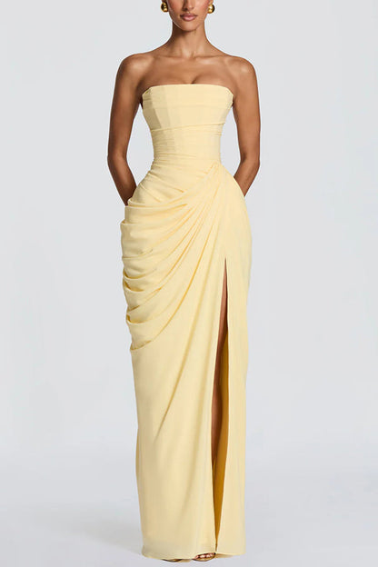 Cyra Back Lace-up Asymmetrical Pleats Strapless Slit Maxi Dress(Buy 2 Get Free Shipping)