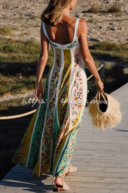 Sweet Garden Linen Blend Color Block Floral Paneled Maxi Dress