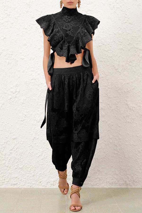 Ellie Lace Gathered Waist Pocket Button Ankle Cuffs Harem Pant