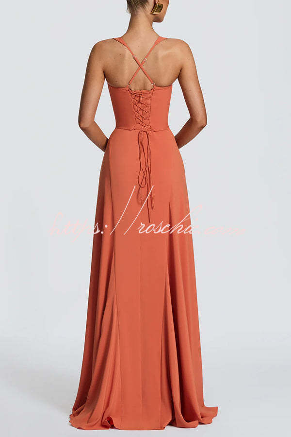 Irie Chiffon Sweetheart Neck Tapered Shoulder Straps Back Lace-up Drape Maxi Dress