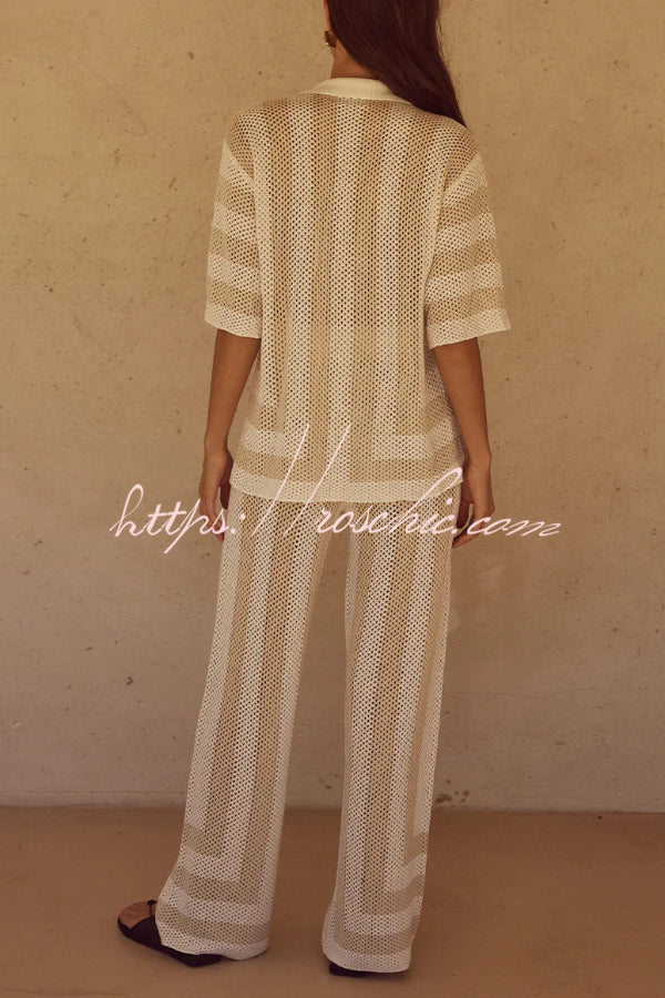 Stylish Knitted Collared Short-Sleeved Button-Up Top and Elastic Waist Casual Pants Cover-Up Set