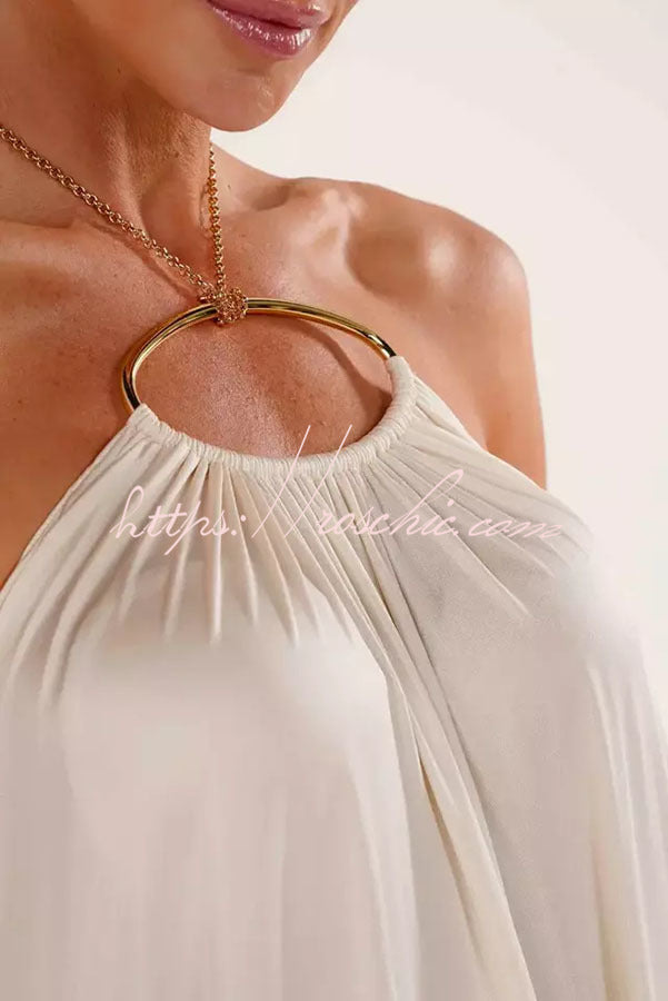 Ocean Goddess Metal Circular Chain Halter Backless Vacation A-line Maxi Dress