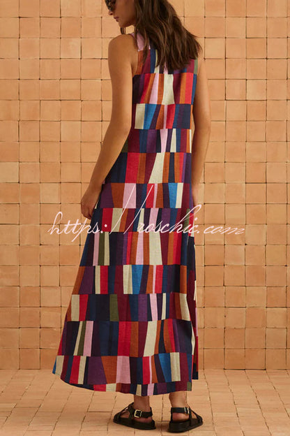 Retro Chic Linen Blend Colorful Color Block High Round Neck Sleeveless Maxi Dress