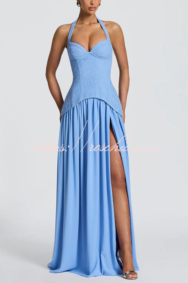 Almira Crepe and Lace Bodice Back Lace-up Chiffon Pleated Hem Maxi Dress