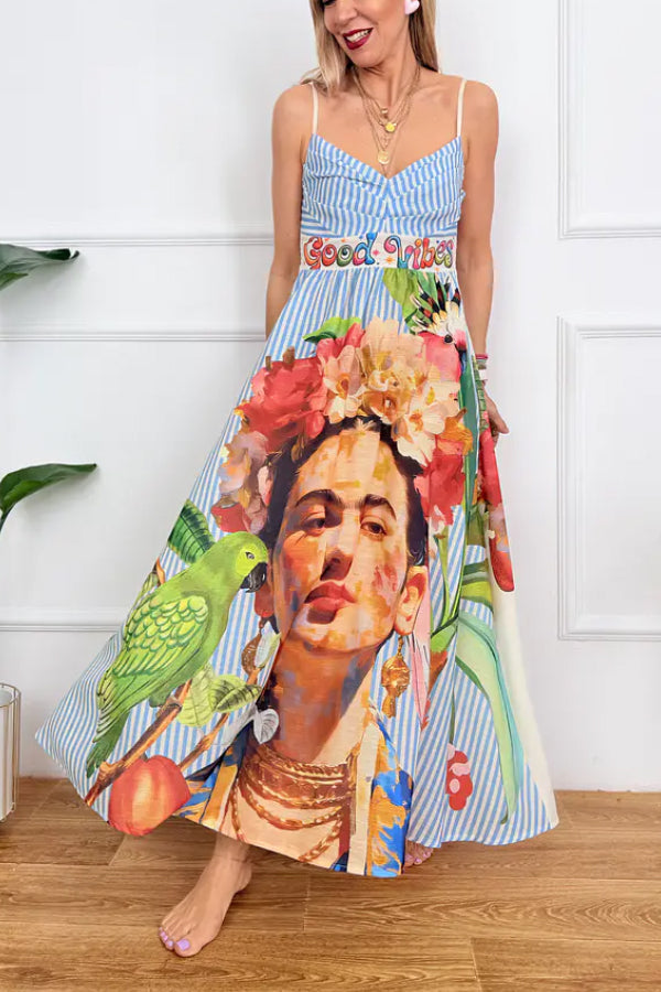 Bohemian Art Print Blue and White Striped Sundress