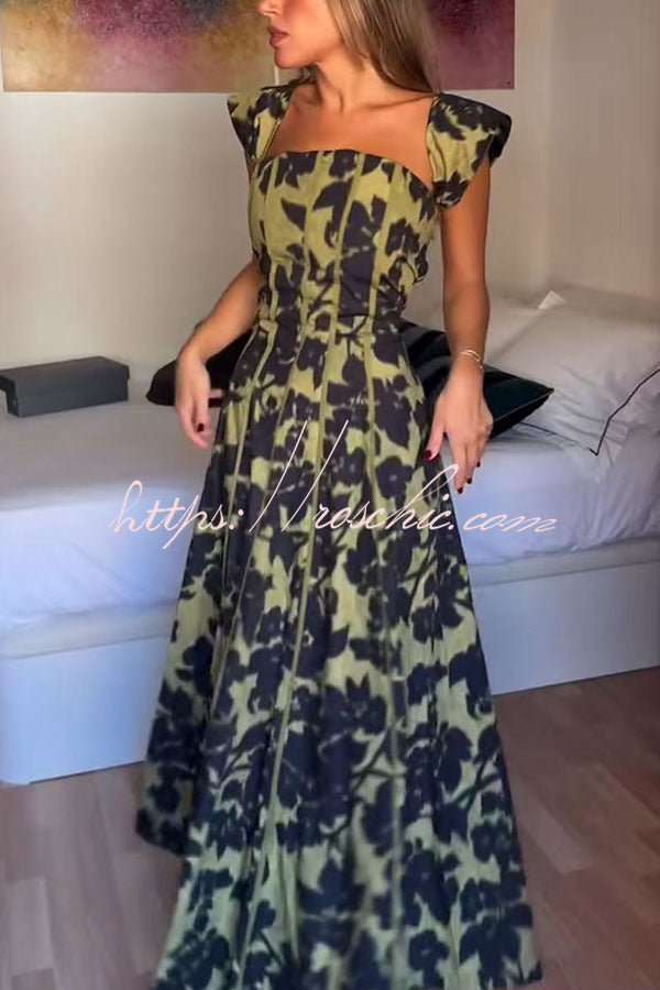 Elara Linen Blend Floral Print Princess Line Design Detachable Sleeves Maxi Dress