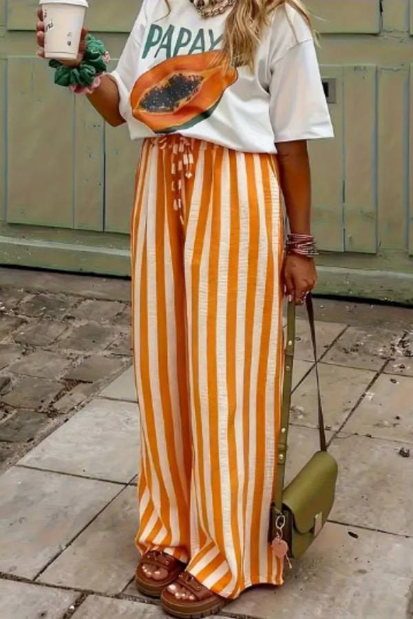 Vacation Striped Drawstring Waist Wide Leg Pants