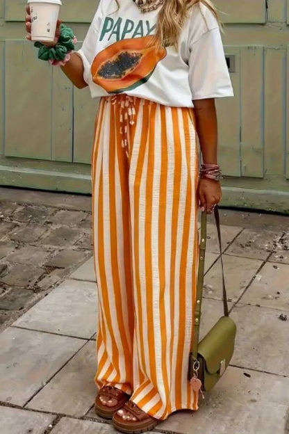 Vacation Striped Drawstring Waist Wide Leg Pants