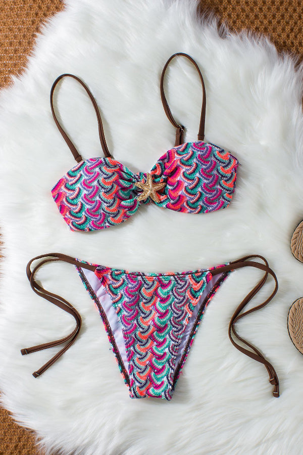 Striped Wavy Knit Tie-up Stretch Two-piece Bikini Swimsuit