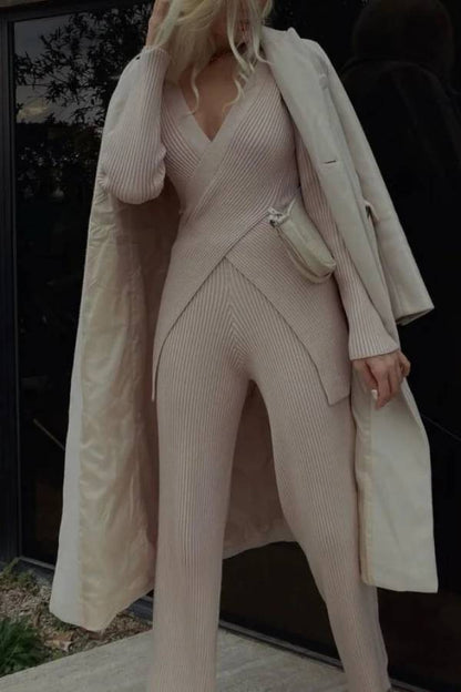 Women's Casual Sweater Wide -leg Pants Two -piece Suit