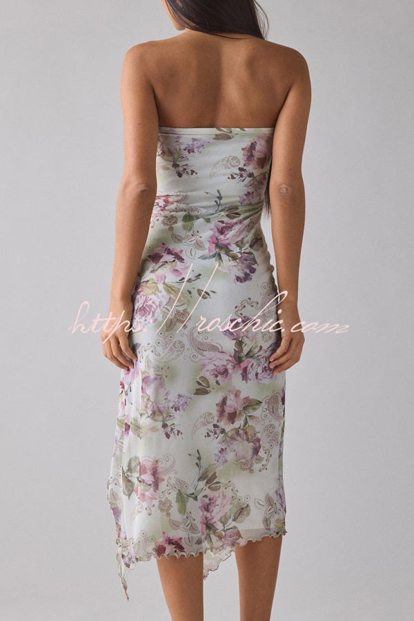 Mesh Tie-dye Slit Strapless Maxi Dress