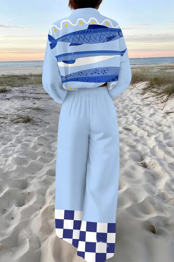 Sardine Print Oversized Shirt and Elastic Waist Pocket Pants Set