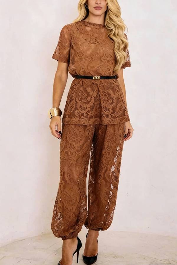 Winonah Mesh Lace Short Sleeve Top and Elastic Waist Loose Lantern Pants Set