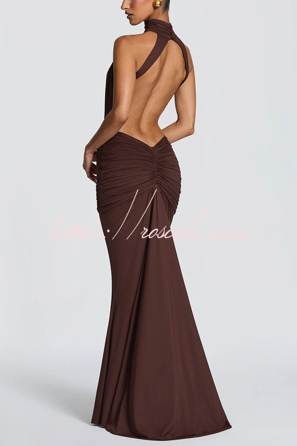 Thekla Stretch Slinky Jersey High Neck Ruched Backless Drape Maxi Dress