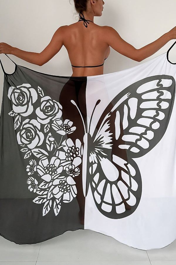 Fashionable Color-blocked Butterfly Print Resort Cover-up Midi Dress