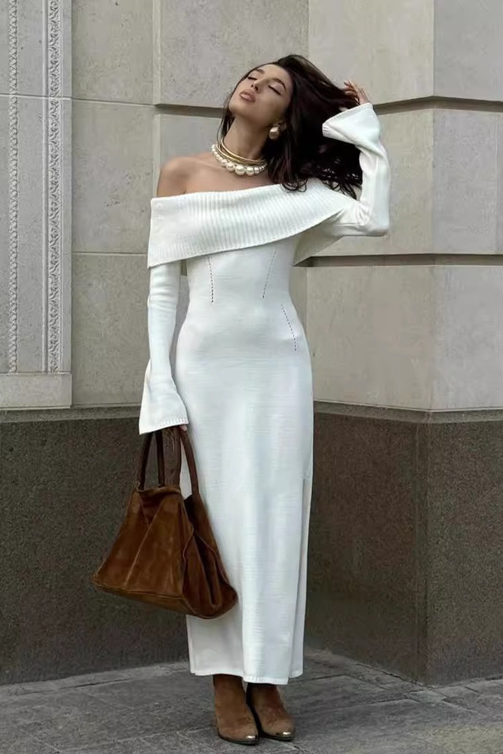 Collared Off-Shoulder  Knit Sweater Dress