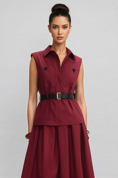 Raelith Red Twill Belted Midi Dress Set