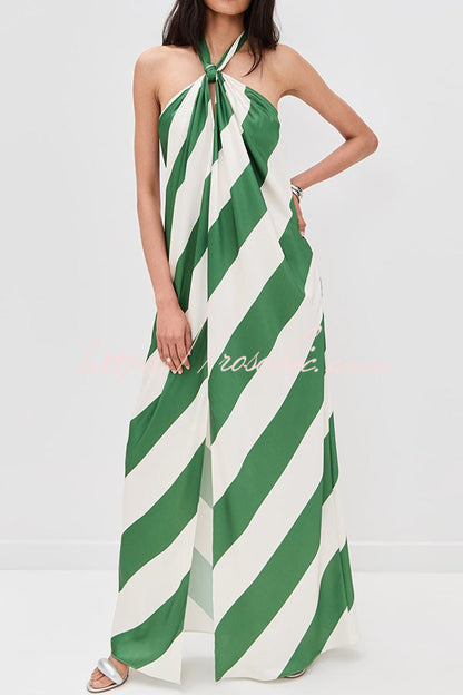 Most Dreamy Stripe Print Halter Tie-up Backless Pocket Loose Maxi Dress