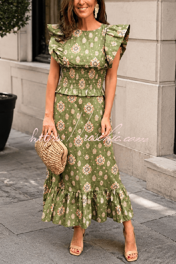 Emilia Unique Print Flutter Sleeve Smocked Top and Elastic Waist Maxi Skirt Set