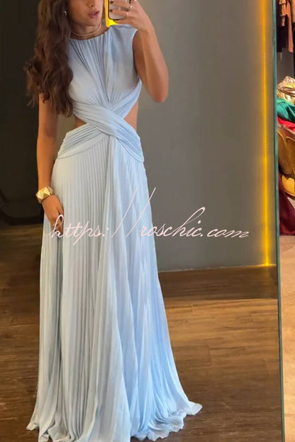 Tamia Pleated Chiffon Fabric Crossover Cutout Waist Open Back Maxi Dress